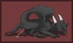  anus black dragon dragoncat feral grey_scales looking_at_viewer male pawpads penis plain_background precum red_background red_eyes reptile scalie side_view solo 