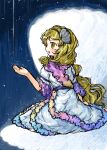  1girl black_hairband blonde_hair commentary_request dade_ne dress frilled_sleeves frills hair_ornament hairband highres long_hair open_mouth shell shell_hair_ornament sitting smile solo touhou very_long_hair watari_nina white_dress yellow_eyes 