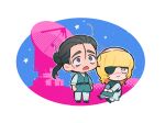  2boys badeni black_hair blonde_hair blue_tabard blue_vest border chi.:_chikyuu_no_undou_ni_tsuite chibi chibi_only closed_mouth commentary_request eyepatch grey_eyes hair_bun highres male_focus medium_hair multiple_boys oczy open_mouth pants ponytail robe sakitsu satellite_dish scar scar_on_face scar_on_mouth scar_on_nose shirt tabard thick_eyebrows tonsure updo vest white_border white_pants white_robe white_shirt 