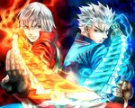  agni_(devil_may_cry) back-to-back blue blue_eyes brothers coat dante_(devil_may_cry) devil_may_cry fire gloves male_focus multiple_boys nagare pose red rudra siblings smirk sword twins vergil weapon white_hair wind 