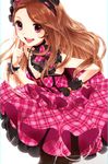  :d bad_id bad_pixiv_id black_legwear blush bow breasts brown_hair choker corsage dress hairband hand_on_hip idolmaster idolmaster_(classic) joypyonn long_hair medium_breasts minase_iori open_mouth pantyhose pink_eyes plaid plaid_dress pointing smile solo wrist_cuffs 