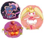  absurdres closed_mouth colored_sclera flower full_body highres leaf misdreavus no_humans open_mouth petals pokemon pokemon_(creature) pokemon_focus pumpkaboo red_eyes sparkle standing standing_on_one_leg steenee su_(sajo_su5) watermark yellow_eyes yellow_flower yellow_petals yellow_sclera 