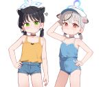  2girls alternate_costume alternate_hairstyle animal_ear_fluff animal_ears arm_up black_choker black_hair black_streaks blue_archive blue_buruma blue_camisole blue_choker blue_halo blue_shorts blush breasts buruma cameltoe camisole choker commentary denim denim_shorts extra_ears flying_sweatdrops green_eyes grey_hair halo hand_on_own_head hand_on_own_hip highres kokona_(blue_archive) looking_at_viewer multicolored_hair multiple_girls narrow_hips short_hair short_twintails shorts shun_(blue_archive) shun_(small)_(blue_archive) simple_background small_breasts small_sweatdrop sseopik streaked_hair tiger_ears tiger_girl twintails white_background yellow_camisole 