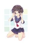  1girl adjusting_eyewear alternate_costume alternate_hair_color bare_legs barefoot black_hair blue_eyes collarbone commentary_request duplicate feet glasses highres kneeling nagato_yuki nanabuluku photoshop_(medium) pink-framed_eyewear pleated_skirt school_uniform serafuku short_hair skirt solo suzumiya_haruhi_no_yuuutsu 
