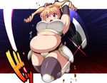  armor axe blonde_hair breastplate breasts copyright_request elbow_gloves fat gloves highres kanisaka large_breasts motion_blur obese open_mouth panties purple_eyes solo thick_thighs thighhighs thighs thong twintails underwear weapon 