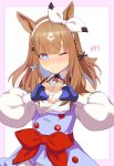  07nono06 1girl absurdres almond_eye_(the_changer)_(umamusume) almond_eye_(umamusume) animal_ears bare_shoulders blue_dress blue_gloves blue_hair blush bow bow_hairband braid colored_inner_hair commentary_request cross-shaped_pupils detached_sleeves dress fingerless_gloves gloves hair_ornament hairband hairclip heart heart_hands highres horse_ears horse_girl long_sleeves looking_at_viewer multicolored_hair one_eye_closed puffy_long_sleeves puffy_sleeves red_bow side_braid single_braid sleeveless sleeveless_dress smile solo symbol-shaped_pupils too_many_hair_ornaments umamusume upper_body waist_bow white_bow white_hairband 