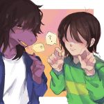  2019 anthro better_version_at_source blush clothed clothing deltarune digital_media_(artwork) duo female hair human kris_(deltarune) male mammal reptile scalie simple_background smile susie_(deltarune) teeth tomapon55_(artist) video_games 