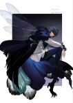  1boy badeni black_cloak black_hair black_pants blunt_bangs border chi.:_chikyuu_no_undou_ni_tsuite clawed_feet claws cloak commentary_request diamond_hairband dragonfly_wings fairy_wings fate/grand_order fate_(series) fur-trimmed_cloak fur_trim fusion gradient_background highres insect_wings looking_at_viewer male_focus medium_hair oberon_(fate) oberon_(third_ascension)_(fate) pants parted_lips sakitsu scar scar_on_face scar_on_mouth scar_on_nose shirt smile solo white_border white_shirt wings 