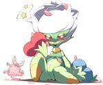  blush confused gen_1_pokemon gen_4_pokemon machamp no_humans petals pokemon pokemon_(creature) roserade sitting 