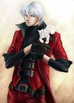  belt blue_eyes cat dante_(devil_may_cry) devil_may_cry gloves male_focus silver_hair solo trench_coat 