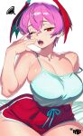  1girl \||/ absurdres alternate_breast_size_(larger) alternate_costume artist_logo bare_arms bare_shoulders bat_wings breasts camisole cleavage collarbone commentary cowboy_shot crossed_bangs darkstalkers dolphin_shorts double-parted_bangs english_commentary fangs hair_between_eyes hand_up head_wings highres large_breasts lilith_(darkstalkers) logo looking_at_viewer mewmaster93 one_eye_closed open_mouth pink_hair red_eyes red_shorts red_wings shirt_tucked_in short_hair short_shorts shorts simple_background sitting slit_pupils solo squiggle strap_slip thick_thighs thighs white_background white_camisole wide_hips wings yawning 