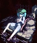  backpack bag bare_legs barefoot blue_dress blue_eyes blue_hair book concrete dress hair_bobbles hair_ornament hat kawashiro_nitori reading sitting soaking_feet solo sonjow4 touhou two_side_up water 