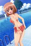  absurdres adjusting_clothes adjusting_swimsuit artist_request ass bikini blush breasts cloud day dutch_angle embarrassed from_behind highres kashii_airi looking_back medium_breasts nyantype open_mouth outdoors pool pool_ladder poolside rou-kyuu-bu! short_hair sky solo surprised swimsuit tiles wavy_mouth wet 