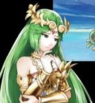  absurdres green_eyes green_hair highres jewelry kid_icarus long_hair nintendo off_shoulder official_art palutena shield thighhighs tiara very_long_hair 