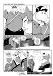 2023 accessory anthro arcanine asian_clothing bag black_and_white bottomwear canid canine clothing collared_shirt comic conjoined_speech_bubble deadanthro delivery_(commerce) delivery_employee dialogue dragonite duo east_asian_clothing english_text flower furgonomics garden generation_1_pokemon hair hat headgear headwear hot_tub japanese_clothing kimono long_hair male mammal monochrome nintendo overweight overweight_anthro overweight_male pants pat_(deadanthro) plant pokemon pokemon_(species) question_mark rock scales scalie shirt short_sleeves signature speech_bubble steam tail tail_accessory tail_bag text topwear water wings