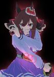  1girl animal_ears arms_across_body bow bowtie braid braided_hair_rings breasts brown_hair core_medal ear_covers ear_ornament gentildonna_(umamusume) hair_between_eyes hair_ornament hair_rings heart-shaped_ornament heart_ear_ornament henshin henshin_pose highres horse_ears horse_girl kamen_rider kamen_rider_ooo_(series) long_hair looking_at_viewer muchi3333 o_medal o_scanner ooo_driver open_mouth pleated_skirt red_eyes rider_belt sailor_collar school_uniform shirt skirt smile solo tracen_school_uniform umamusume 