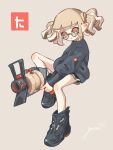 .52_gal_(splatoon) 1girl black_shoes black_shorts black_sweater brown_background brown_hair commentary_request dolphin_shorts full_body glasses gun high_tops highres holding holding_gun holding_weapon inkling inkling_girl inkling_player_character logo looking_at_viewer open_mouth osakanagumi11 pointy_ears print_sweater red_eyes round_eyewear shoes short_hair shorts signature simple_background sneakers solo splatoon_(series) splatoon_3 sweater tentacle_hair thick_eyebrows weapon 