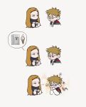  1boy 1girl beard beard_stubble casual chibi coffee coffee_maker coffee_mug commentary_request cup eva_stratt facial_hair food highres ice_cream korean_commentary messy_hair mug project_hail_mary ryland_grace solm88888 stubble 