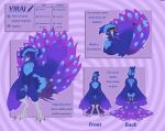 anthro asderat avian ball_tuft balls beak bird blue_body chain chest_tuft dark_sclera feathered_crest feathers feet galliform genitals glans gradient_body hair head_crest hi_res humanoid_genitalia indian_peafowl magic magic_user male model_sheet peafowl penis phasianid ponytail pupils scales slit_pupils solo spread_tail spurs storage talons text toes tuft weapon wielding_weapon winged_arms wings