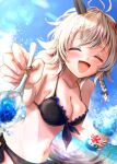  1girl absurdres animal_ears bare_shoulders bikini black_bikini blue_sky blush bow breasts cleavage closed_eyes collarbone commentary_request cup curren_chan_(umamusume) ear_bow ear_covers facing_viewer food grey_hair hair_between_eyes highres holding holding_cup holding_spoon horse_ears horse_girl horse_tail incoming_food kakikakilemon large_breasts navel ocean open_mouth outdoors red_bow shaved_ice short_hair sky smile solo spoon stomach swimsuit tail umamusume water 