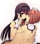  akemi_homura black_hair blush eye_contact face-to-face hairband hand_on_another's_cheek hand_on_another's_face hinagi_(fox_priest) hug imminent_kiss kaname_madoka long_hair looking_at_another mahou_shoujo_madoka_magica multiple_girls pink_hair purple_eyes school_uniform short_hair simple_background twintails upper_body yuri 