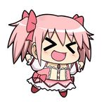  &gt;_&lt; :d blush brooch chibi closed_eyes jewelry kaname_madoka magical_girl mahou_shoujo_madoka_magica nichika_(nitikapo) open_mouth pink_hair short_hair short_twintails simple_background skirt smile solo twintails 