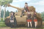  4girls absurdres azur_lane belt birch_tree black_belt black_boots black_hat black_jacket black_shoes black_skirt blonde_hair bolt_action boots breasts brown_hair cape cleavage coat coat_on_shoulders commentary commission crossed_arms crossover english_commentary fur-trimmed_boots fur-trimmed_cape fur-trimmed_coat fur_trim girls'_frontline girls_und_panzer grey_hair grey_socks gun hair_between_eyes hand_on_own_hip hat highres holding holding_gun holding_weapon itsumi_erika jacket kar98k_(girls'_frontline) kepincox large_breasts long_hair long_sleeves mauser_98 medium_hair military_uniform military_vehicle miniskirt motor_vehicle multiple_crossover multiple_girls nishizumi_maho outdoors peaked_cap pleated_skirt purple_eyes red_cape red_shirt red_skirt rifle shirt shoes short_hair sitting skirt socks standing tank thigh_boots tiger_i tree very_long_hair weapon white_skirt zettai_ryouiki 