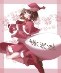  1girl absurdres alternate_costume boots brown_eyes brown_hair capelet christmas commentary_request dress frilled_hair_tubes frills fur-trimmed_capelet fur-trimmed_dress fur-trimmed_headwear fur-trimmed_sleeves fur_trim gumi_(fwjn7284) hair_tubes hakurei_reimu hat highres holding holding_sack long_sleeves mittens red_boots red_capelet red_dress red_hat red_mittens sack santa_costume santa_dress solo touhou translation_request wide_sleeves 