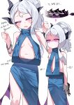  1girl absurdres ako_(blue_archive) ako_(blue_archive)_(cosplay) ako_(dress)_(blue_archive) arrow_(symbol) black_halo black_horns blue_archive blue_dress blush breasts broken_handcuffs commentary_request cosplay dress halo hands_up highres hina_(blue_archive) horns je_o_mo korean_text long_hair multiple_horns navel official_alternate_hairstyle oversized_breast_cup oversized_clothes purple_eyes purple_wings shaded_face sideless_dress small_breasts solo sweatdrop translation_request white_background white_hair wings 