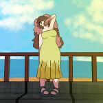 1:1 anthro beach boardwalk brown_hair canid canine canis clothing domestic_dog dress facing_forward female footwear fur hair hi_res light long_hair mammal one_eye_closed sandals shea_(ticklebunny) shoes solo summer sundress sunlight ticklebunny white_body white_fur 