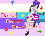  bemani blue blue_hair chibi dance dance_dance_revolution dancing emi emi_(dance_dance_revolution) hat konami mi_(dance_dance_revolution) purple_hair revolution short_hair skirt toshiba toshiba_emi 