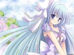  1girl blue_eyes blue_hair cute dress flower hydrangea kawai looking_at_viewer ribbon ribow solo watermark wedding_dress 