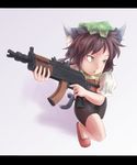  aks-74u animal_ears assault_rifle bike_shorts brown_eyes brown_hair cat_ears cat_tail chen gun kabu_(yuyuibob) left-handed letterboxed multiple_tails rifle running short_hair solo tail touhou weapon 