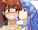  aizawa_eiko bad_id bad_pixiv_id blue_eyes blue_hair blush brown_eyes brown_hair cake cheek_licking face_licking food hat ikamusume licking long_hair multiple_girls shinryaku!_ikamusume short_hair tongue yayo_(yakuyoru) yuri 