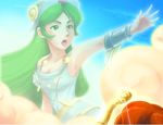  absurdres green_eyes green_hair highres jewelry kid_icarus long_hair lowres nintendo off_shoulder official_art palutena shield thighhighs tiara very_long_hair 