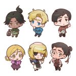  2girls 4boys albert_brudzewski_(chi.) arm_behind_back badeni black_hair black_pants black_shoes black_tabard blonde_hair blue_eyes blue_jacket blunt_bangs book braid brown_eyes brown_shoes brown_vest capelet chi.:_chikyuu_no_undou_ni_tsuite chibi chibi_only cloak closed_mouth commentary_request dark-skinned_female dark_skin draka_(chi.) eyepatch full_body gloves green_cloak green_shirt grey_eyes hair_bun hand_on_own_chin highres holding holding_birdcage holding_book holding_needle jacket jolenta light_blush light_smile long_hair multiple_boys multiple_girls needle oczy open_mouth pants parted_bangs parted_lips pink_capelet pink_gloves pointing pointing_up ponytail rafal_(chi.) robe sakitsu shirt shoes short_hair short_ponytail single_braid tabard thick_eyebrows tonsure updo vest wavy_mouth white_background white_robe white_shirt yellow_eyes 