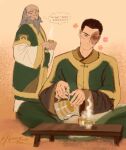  2boys avatar:_the_last_airbender avatar_legends balding beard burn_scar cup facial_hair highres iroh long_beard male_focus multiple_boys old old_man papirus_18 scar tea teacup uncle_and_nephew zuko 