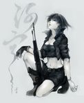  belt black_eyes black_hair boots character_request fingerless_gloves gloves gun jacket jay_yu_shan looking_up midriff monochrome navel one_knee oxalicacid shorts single_glove solo weapon 