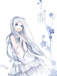  ano_hi_mita_hana_no_namae_wo_bokutachi_wa_mada_shiranai. blue_eyes dress flower honma_meiko long_hair oxalicacid ribbon silver_hair sleeveless sleeveless_dress solo white_hair 