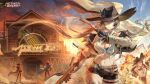  2girls absurdres aether_gazer black_gloves black_hair black_hat black_shorts blue_eyes breasts bullet character_request cleavage closed_mouth cloud copyright_name cowboy_western cowgirl_(western) dual_wielding explosion gloves hat highres holding long_hair multiple_girls navel official_art saloon shirt short_hair short_shorts shorts sky stomach tied_shirt 