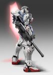  beam_cannon beam_shield commentary_request earth_federation energy_barrier energy_shield glowing glowing_eyes gradient_background green_eyes gundam highres mecha mecha_focus mobile_suit no_humans realistic robot science_fiction seotaku_(kyokkou) v-fin v_gundam victory_gundam victory_gundam_hexa weapon 