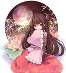  bamboo bangs brown_hair covering_mouth flower full_moon hand_to_own_mouth houraisan_kaguya isegawa_yasutaka long_hair long_sleeves looking_at_viewer lotus moon night red_eyes red_skirt shirt sitting skirt sky sleeves_past_wrists smile solo star_(sky) starry_sky touhou very_long_hair wide_sleeves 