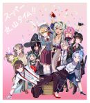  6+girls bead_necklace beads black_hair blue_eyes blue_hair braid brown_eyes brown_hair bungo_yayoi chest_sarashi closed_eyes dark-skinned_female dark_skin earrings epaulettes facial_mark fake_horns forehead_mark green_hair grey_hair group_picture hair_over_one_eye hairband hanamura_shiki hat headband heaven_burns_red helmet highres horned_helmet horns jewelry katana kurosawa_maki maruyama_kanata matsuoka_chiroru multiple_girls natsume_inori necklace ogasahara_hisame one_eye_closed one_eye_covered ooshima_yotsuha pink_hair red_eyes sarashi sukinacharakaku sword tenne_miko twintails vritika_balakrishnan weapon witch_hat yanagi_mion zzz 