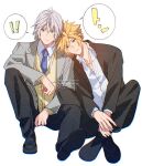  ! !! 2boys black_jacket black_pants black_shoes blonde_hair blue_eyes blue_necktie cardigan cloud_strife cloud_strife_(midgard_seventh_high_school) collared_shirt commentary_request final_fantasy final_fantasy_vii final_fantasy_vii:_ever_crisis full_body gakuran green_eyes grey_hair grey_jacket hair_between_eyes highres indian_style jacket leaning_on_person male_focus multiple_boys necktie official_alternate_costume pants school_uniform sephiroth sephiroth_(ever_crisis) sephiroth_(shinra_private_academy) sharp_teeth shirt shoes short_hair sitting slit_pupils spoken_exclamation_mark suit_jacket teeth twitter_username white_background white_shirt yaoi yellow_cardigan yunyunonigiri 