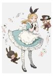 1girl 2boys alice_(alice_in_wonderland) alice_(alice_in_wonderland)_(cosplay) animal_ear_hairband animal_ears animal_feet apron aqua_dress astrolabe back_bow badeni black_bow black_hair black_hairband black_shoes blonde_hair bow bowtie brown_coat brown_hair brown_shoes brown_vest card chi.:_chikyuu_no_undou_ni_tsuite chibi coat commentary_request cosplay cup dress eyepatch fake_animal_ears frilled_dress frills full_body gloves grey_background grey_eyes hair_between_eyes hairband half_updo hand_to_own_mouth hat highres holding holding_cup jolenta kemonomimi_mode long_hair mad_hatter_(alice_in_wonderland) mad_hatter_(alice_in_wonderland)_(cosplay) multiple_boys oczy open_mouth pantyhose parted_bangs playing_card polka_dot polka_dot_bow polka_dot_bowtie puffy_short_sleeves puffy_sleeves rabbit_boy rabbit_ear_hairband rabbit_ears rabbit_tail sakitsu scar scar_on_face scar_on_mouth scar_on_nose shoes short_hair short_sleeves striped_clothes striped_pantyhose sweatdrop tail top_hat vest waistcoat white_apron white_gloves white_rabbit_(alice_in_wonderland) white_rabbit_(alice_in_wonderland)_(cosplay) yellow_eyes 