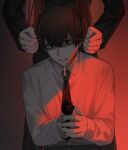  1boy 1girl 3d_inset absurdres aiming aiming_at_viewer bags_under_eyes black_hair black_jacket black_necktie black_pants clenched_hands collared_shirt commentary_request dark dog_tags dress_shirt gloves gun hair_between_eyes head_out_of_frame highres holding holding_dog_tags holding_gun holding_weapon hyoutenka_30-do_no_zetsubou jacket jh kuchinashi_dabi kuchinashi_dabi's_senpai long_sleeves looking_at_viewer male_focus mitsudomoe_koubou_(series) necktie pants sanpaku scared shaded_face shirt short_hair simple_background solo_focus sweat upper_body weapon white_gloves white_shirt 