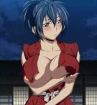  blue_hair blush breasts brown_eyes cleavage manyuu_hikenchou solo torn_clothes 
