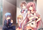  3girls ayasaki_hayate blonde_hair blue_hair brown_hair butler collarbone eyebrows_visible_through_hair folded_ponytail hayate_no_gotoku! hose katsura_hinagiku kuwashima_rein long_hair maid maria_(hayate_no_gotoku!) multiple_girls pink_hair sanzen'in_nagi short_hair twintails 