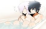  2boys akiyoshi_nozomu bath black_hair blue_eyes devil_survivor_2 eyes_closed hair_over_one_eye houtsuin_yamato hug kuze_hibiki megami_ibunroku_devil_survivor multiple_boys necktie nude protagonist_(devil_survivor_2) silver_hair smile water yaoi 