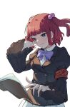  1girl absurdres blue_eyes book breasts closed_mouth commentary_request floating floating_book floating_object highres level3 light_smile medium_breasts open_book pleated_skirt puffy_sleeves reading red_hair simple_background skirt smile solo standing two_side_up umineko_no_naku_koro_ni ushiromiya_ange white_background white_skirt 